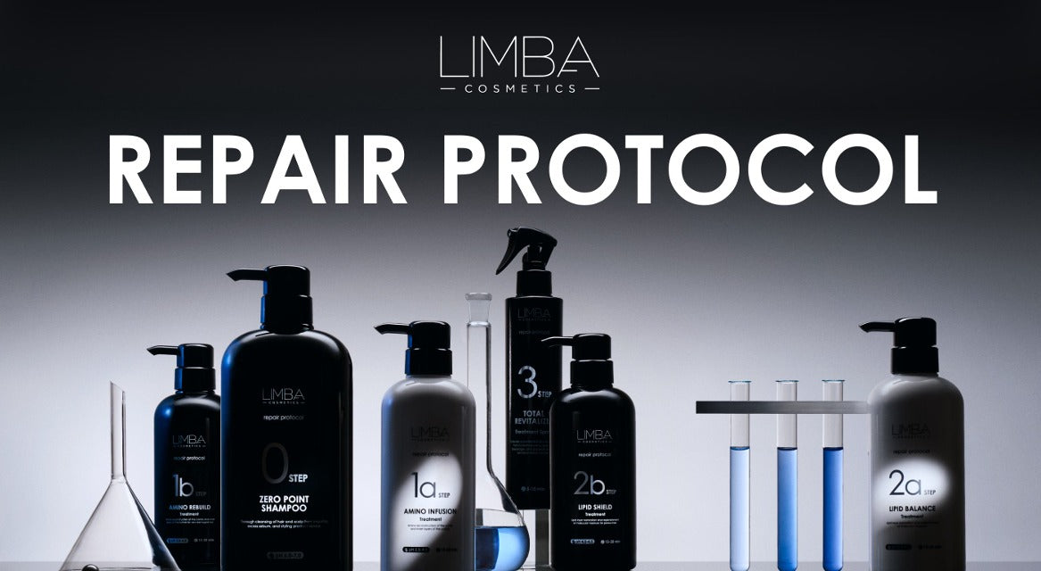 A promotional graphic for the Limba Cosmetics Repair Protocol, featuring multiple black and gray hair care bottles arranged with glass laboratory-style props against a dark gradient background with large white text reading 'REPAIR PROTOCOL' and the Limba Cosmetics logo at the top.
